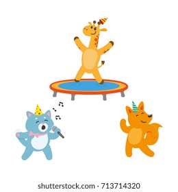 vector flat cartoon cheerful animals character happily smiling in paty hat set. giraffe jumping on trampoline, car singing with microphone, fox dancing . isolated illustration on a white background.