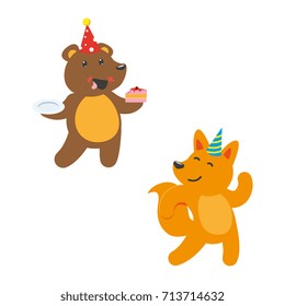 vector flat cartoon cheerful animals character happily smiling in paty hat set. brown bear eating piece of cake, red fox dancing . isolated illustration on a white background.