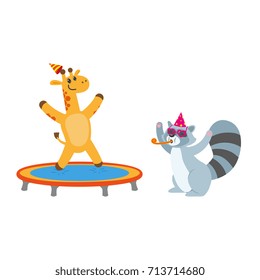 vector flat cartoon cheerful animals character happily smiling in paty hat set. giraffe jumping on trampoline, raccoon having fun whistling . isolated illustration on a white background.