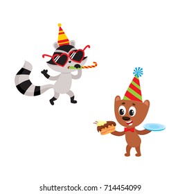 vector flat cartoon cheerful animals character happily smiling in paty hat set. brown bear eating piece of cake, raccoon having fun whistling . isolated illustration on a white background.