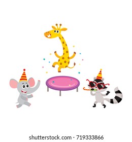 vector flat cartoon cheerful animals character smiling in paty hat set. giraffe jumping on trampoline, raccoon having fun whistling elephant dancing. isolated illustration on a white background