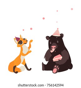vector flat cartoon cheerful animals character happily smiling in paty hat set. brown bear eating piece of cake, red fox dancing . isolated illustration on a white background.