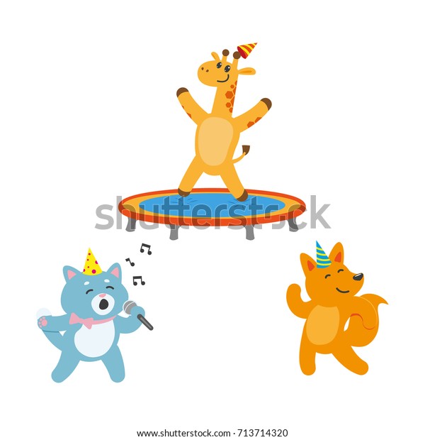 vector flat cartoon cheerful animals\
character happily smiling in paty hat set. giraffe jumping on\
trampoline, car singing with microphone, fox dancing . isolated\
illustration on a white\
background.