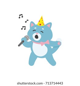 vector flat cartoon cheerful blue cat character singing in microphone wearing party hat happily smiling. isolated illustration on a white background. Animals party concept