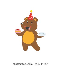 vector flat cartoon cheerful brown bear character eating piece of cake wearing party hat happily smiling. isolated illustration on a white background. Animals party concept