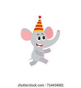 vector flat cartoon cheerful elephant kid character having fun running wearing party hat happily smiling. isolated illustration on a white background. Animals party concept