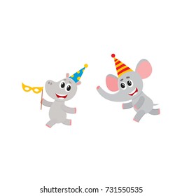 vector flat cartoon cheerful elephant, hippo kid character having fun running wearing party hat happily smiling. isolated illustration on a white background. Animals party concept