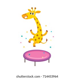 vector flat cartoon cheerful giraffe character jumping on trampoline wearing party hat happily smiling. isolated illustration on a white background. Animals party concept