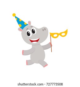 vector flat cartoon cheerful hippo kid character having fun running wearing party hat holding mask happily smiling. isolated illustration on a white background. Animals party concept