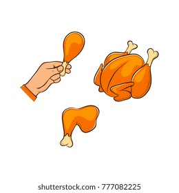 vector flat cartoon chicken meals icon set. Leg shank drumstick Grilled, fried chicken thigh and carcass. Isolated illustration on a white background.