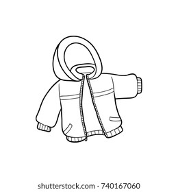 vector flat cartoon child baby kid monochrome warm winter jacket. Fashionable trendy style female casual clothing. Isolated illustration on a white background for coloring book design