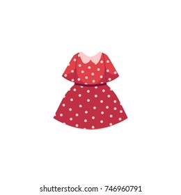 vector flat cartoon child baby girl kid red dotted dress. Fashionable trendy style summer, female casual fancy festive clothing. Isolated illustration on a white background.