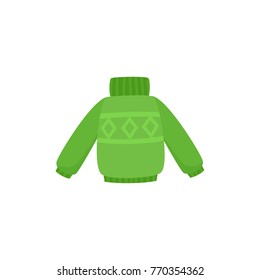 vector flat cartoon child baby kid green warm knitted winter pullover. Fashionable trendy style female casual clothing. Isolated illustration on a white background.