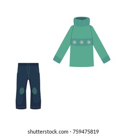 vector flat cartoon child, kid shabby denim jeans pants with holes and warm pullover. Fashionable trendy style casual clothing. Isolated illustration on a white background.