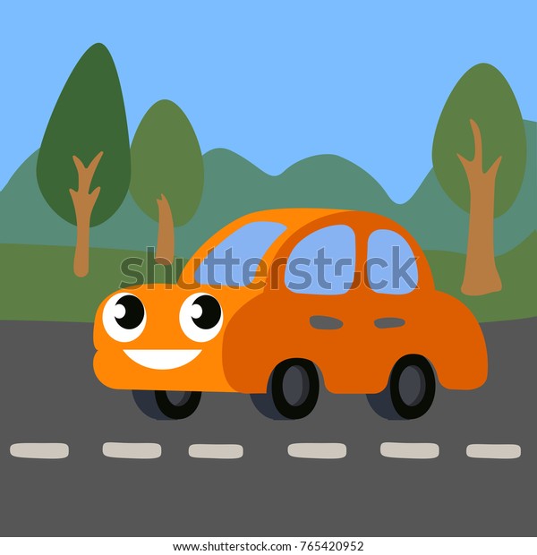 Vector flat cartoon childish orange\
car with eyes ans smiling mouth on the road in the\
forest
