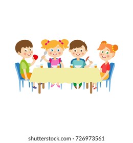 vector flat cartoon children at summer camp concept. Girls and boys kids sitting at big table eating vegetables, fruits and porridge holding forks spoons. Isolated illustration on a white background.