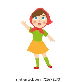 vector flat cartoon children at summer camp concept. Girl in ethnic national clothing singing or playing role at stage. Isolated illustration on a white background.