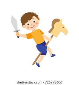 vector flat cartoon children at summer camp concept. Boy playing with wooden horse and toy sword playing role at stage. Isolated illustration on a white background.