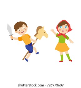 vector flat cartoon children at summer camp concept. Boy playing with wooden horse and toy sword, girl in ethnic clothing singing or acting in play. Isolated illustration on a white background.