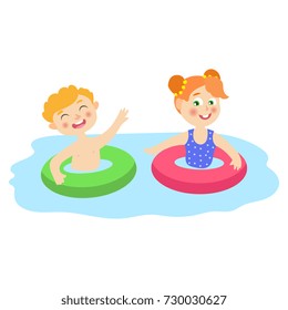 vector flat cartoon children at summer camp concept. Boy and girl having fun playing in swimming pool in inflatable rubber rings. Isolated illustration on a white background.