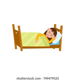 vector flat cartoon children at summer camp concept. Girl kid having rest sleeping in bed under yellow blanket. Isolated illustration on a white background.