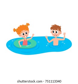 vector flat cartoon children at summer camp concept. Caucasian Boy and girl having fun playing in swimming pool in inflatable rubber rings. Isolated illustration on a white background.