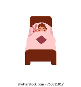 vector flat cartoon children at summer camp concept. Girl kid having rest sleeping in bed under blanket with pink rabbit toy. Isolated illustration on a white background.