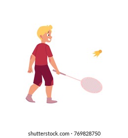 vector flat cartoon children at summer camp concept. Teen caucasian Boy kid playing badminton, shuttlecock holding rackets. Isolated illustration on a white background.