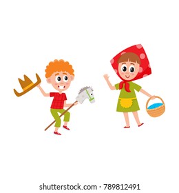 vector flat cartoon children at summer camp concept. Boy playing with wooden horse and cowboy hat, girl in headscarf and basket or acting in play. Isolated illustration on a white background.