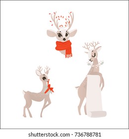 vector flat cartoon christmas reindeer holding blank paper scroll, deer in red scarf head and holding present box winter holiday animal full lenght set. Isolated illustration on a white background.
