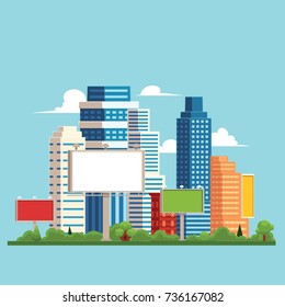 vector flat cartoon cityscape with different buildings and billboard. Skyscrapers, office centers shopping mall and city apartments houses. Illustration on light blue background