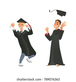 vector flat cartoon college, university happy graduate character, boys in graduation gown, cap holding diploma throwing hat up celebrating, dancing. Isolated illustration on a white background.