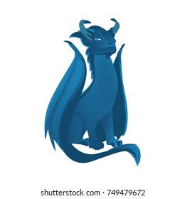 vector flat cartoon colored blue majestic mythical dragon with horns and wings. Legendary mystery animal creature. Isolated illustration on a white background.