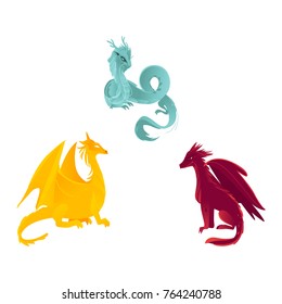 vector flat cartoon colored blue, yellow and red majestic mythical dragon with horns and wings set. Legendary mystery animal creature. Isolated illustration on a white background.