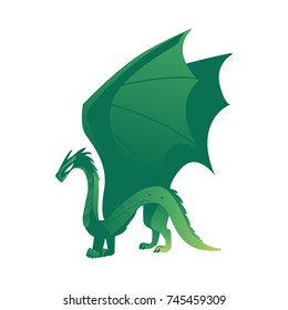 vector flat cartoon colored green majestic mythical dragon with horns and wings. Legendary mystery animal creature. Isolated illustration on a white background.
