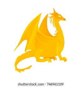 vector flat cartoon colored yellow majestic mythical dragon with horns and wings. Legendary mystery animal creature. Isolated illustration on a white background.