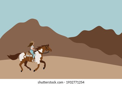 Vector flat cartoon cowboy woman girl riding galloping pinto horse isolated on landscape background