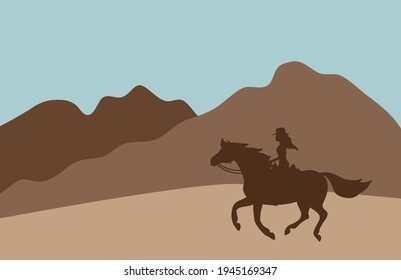 Vector flat cartoon cowboy woman silhouette ride horse isolated on landscape background