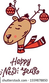 vector flat cartoon cute christmas reindeer in red scarf head portrait. Winter holiday deer animal symbol. Isolated illustration on white background. Hand drawing