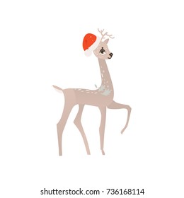 vector flat cartoon cute female christmas reindeer in christmas hat. Winter holiday deer animal simbol full lenght. Isolated illustration on a white background.