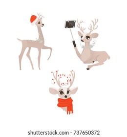 vector flat cartoon cute female christmas reindeer in red scarf head, deer in christmas hat and making selfie winter holiday animal full lenght set. Isolated illustration on a white background.