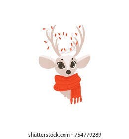 vector flat cartoon cute female christmas reindeer in red scarf head portrait. Winter holiday deer animal simbol full lenght. Isolated illustration on a white background.