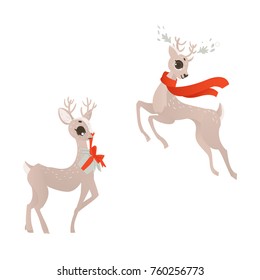 vector flat cartoon cute female christmas reindeer in red scarf dancing, another holding present box in mouth set. Winter holiday deer animal symbol. Isolated illustration on a white background.