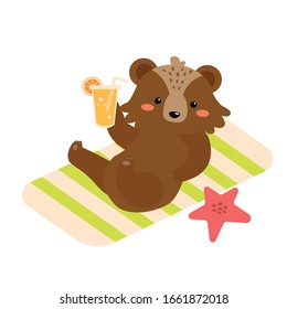 Vector flat cartoon cute kawaii brown bear sunbathe