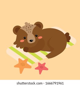Vector flat cartoon cute kawaii brown bear sunbathe