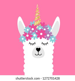 Vector flat cartoon cute lama lamacorn with glitter golden horn and flowers isolated on pink background 