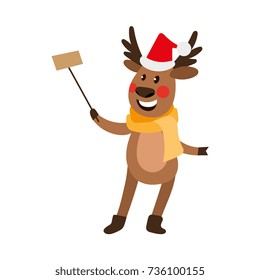 vector flat cartoon cute male christmas reindeer in scarf, hat making selfie by selfie stick smiling. Winter holiday deer animal simbol full lenght. Isolated illustration on a white background.