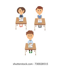 vector flat cartoon cute schoolkids character sitting at desk in elementary school smiling set. Isolated illustration on a white background. Child education, back to school concept