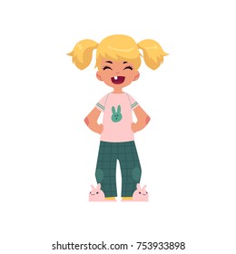 vector flat cartoon cute toothless girl kid child with pigtails in funny clothing and hare-like slippers. isolated illustration on a white background.