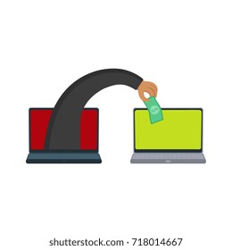 vector flat cartoon cyber theft, fraud concept. Hacker hand stealing dollar money from private laptop. Isolated illustration on a white background.